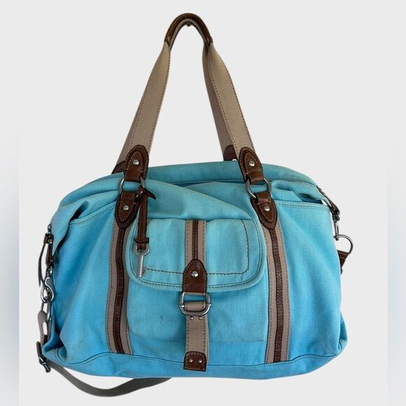 Fossil Blue Canvas Duffel Travel Bag Leather Trim - Picture 2 of 11